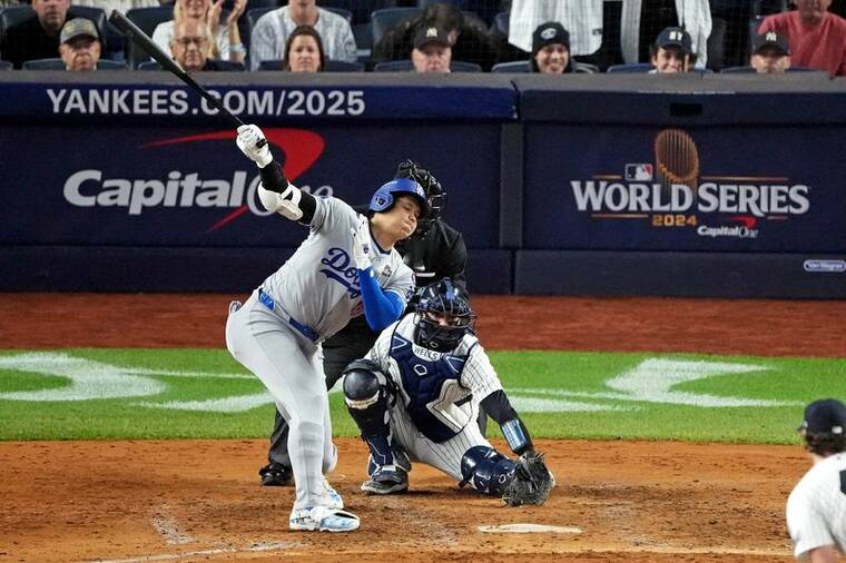 ROBERT DEUTSCH-IMAGN IMAGES/FILE PHOTO
                                Los Angeles Dodgers two-way player Shohei Ohtani strikes out, on Oct. 30, during the fifth inning against the New York Yankees in game four of the 2024 MLB World Series at Yankee Stadium.