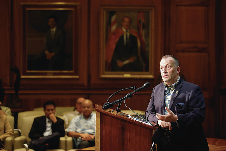 GEORGE F. LEE / GLEE@STARADVERTISER.COM
                                Gov. Josh Green presented the state’s next biennium budget Monday during a news conference at the Capitol.