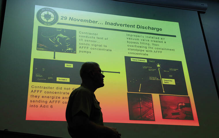 JAMM AQUINO / 2023
                                The Joint Task Force Red Hill announced the findings of the aqueous film-forming foam concentrate spill investigation that occurred in 2022. Adm. John Wade, leader of Joint Task Force Red Hill, speaks during a press conference at Joint Base Pearl Harbor-Hickam.