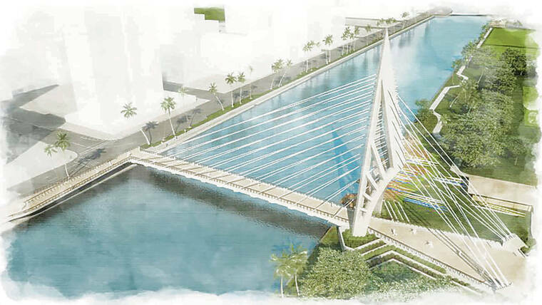 CITY & COUNTY OF HONOLULU / 2021
                                An artist’s rendering depicts the proposed pedestrian bridge over the Ala Wai Canal.